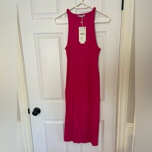 Zara hot pink ribbed midi dress size large
